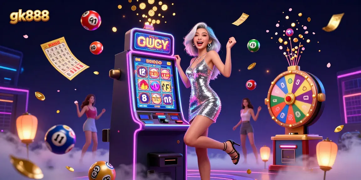 Experience the thrill of gk888 with a celebratory scene featuring a jackpot-winning slot machine and dynamic casino elements.