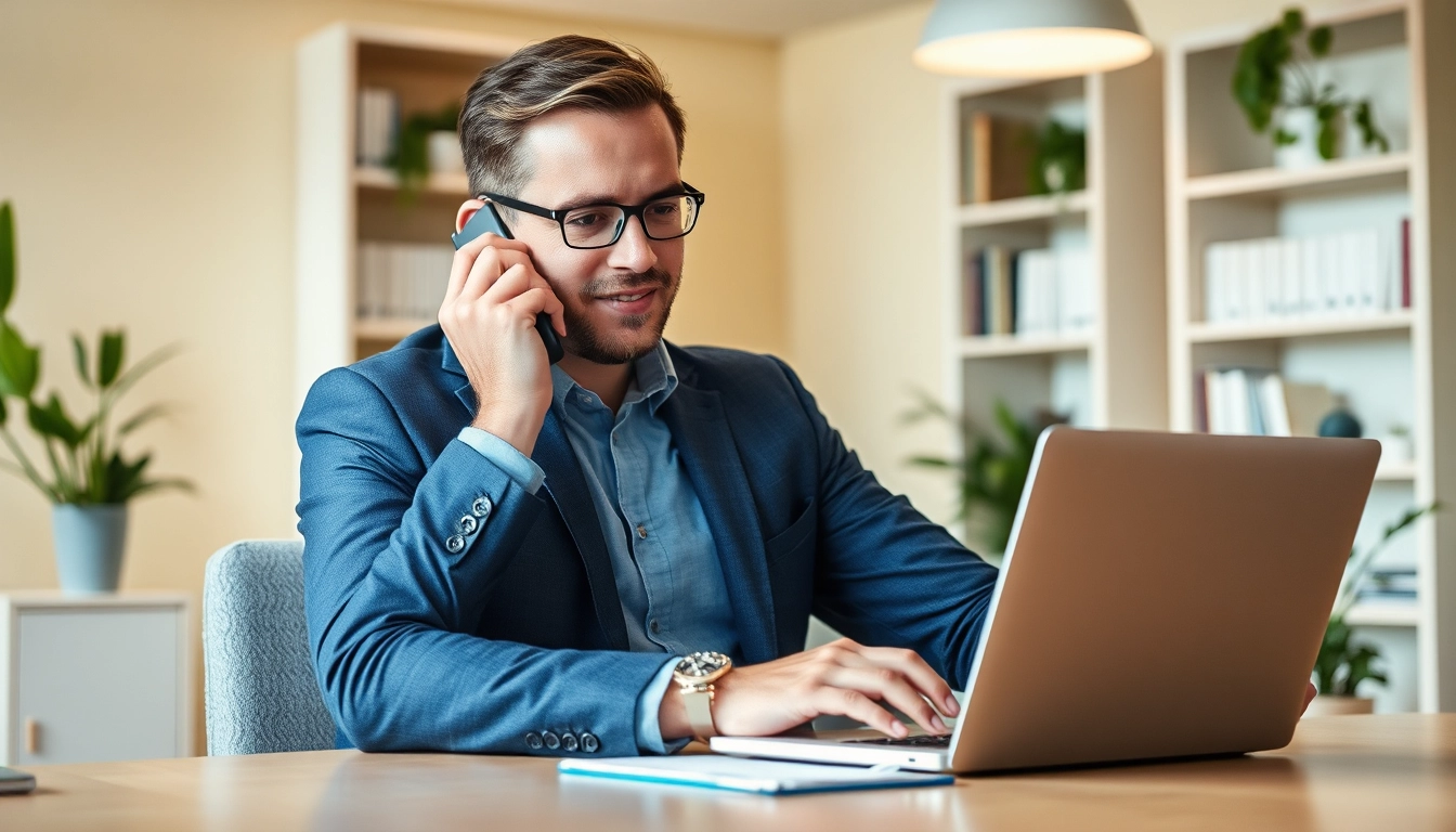 Engagierter Headhunter IT im modernen Büro während eines Telefonats.