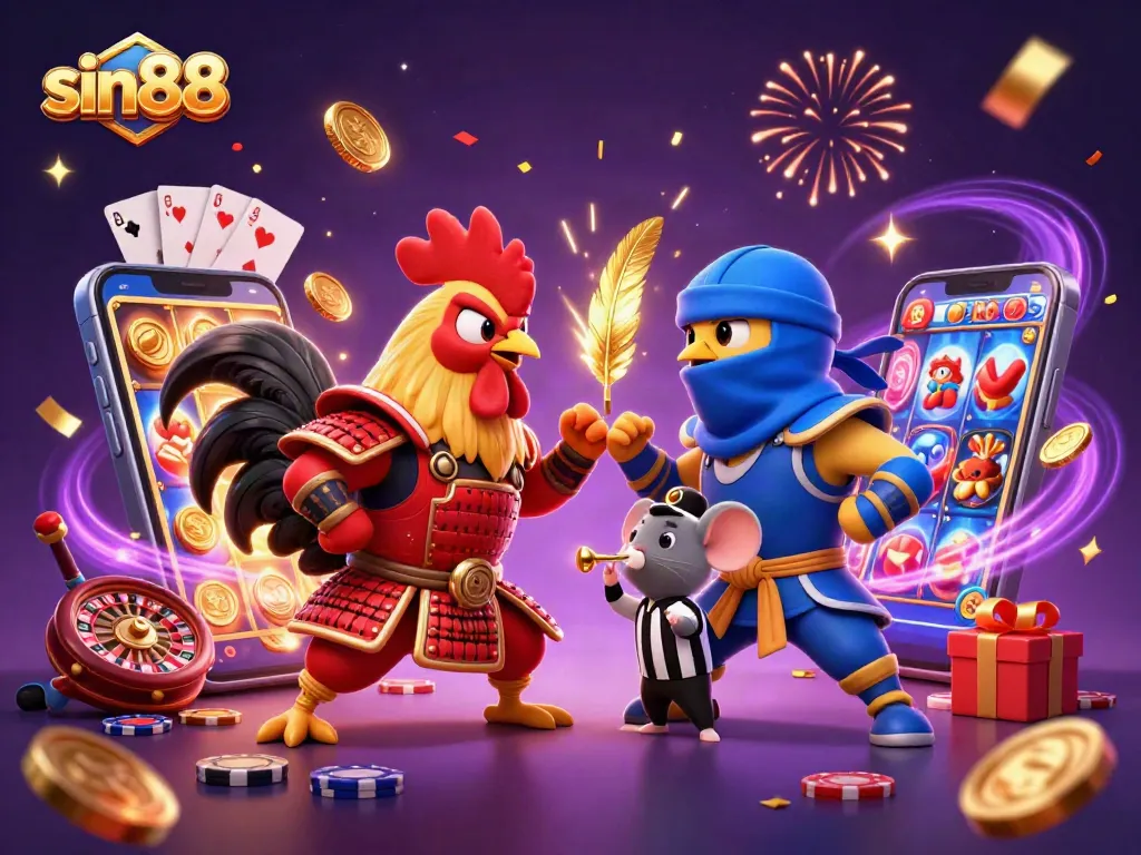 Experience thrilling gameplay in sin88 with a dramatic showdown of cartoon roosters in a colorful casino scene.
