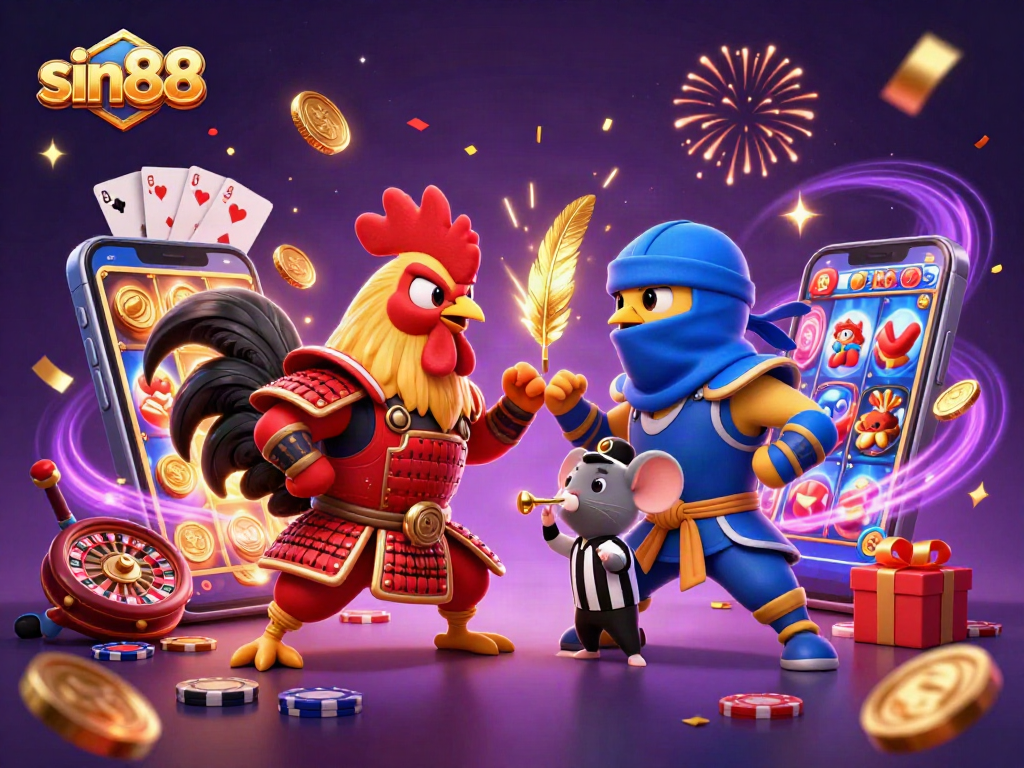 Experience thrilling gameplay in sin88 with a dramatic showdown of cartoon roosters in a colorful casino scene.