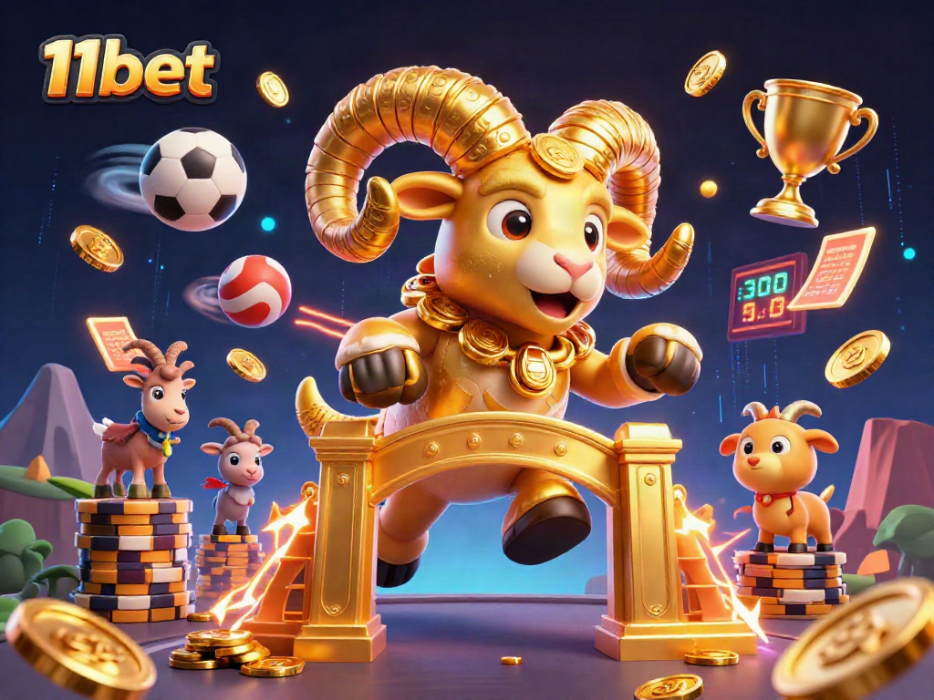 Experience thrilling gaming at 11bet with a golden ram charging through a vibrant casino scene.