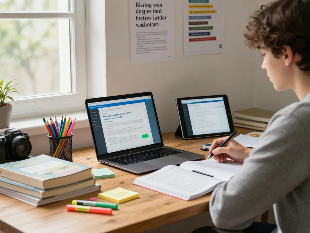 Student, der ein Hausaufgaben KI kostenlos Tool zur Unterstützung bei den Hausaufgaben in einem hellen Arbeitszimmer nutzt.