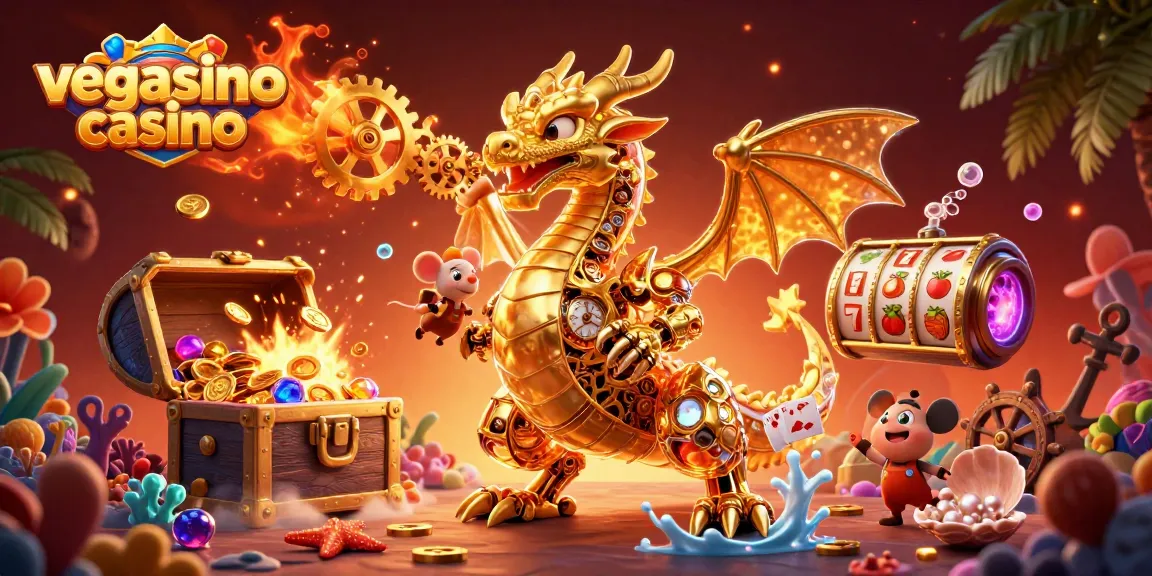 Experience thrilling gameplay at vegasino casino with an animated golden dragon and vibrant slot elements.
