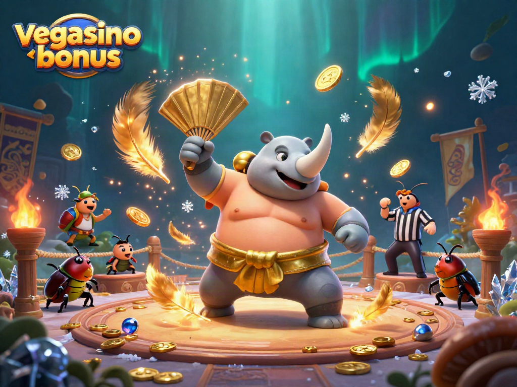 Witness the vegasino bonus with a cartoon sumo champion beetle amid a vibrant casino-themed arena.