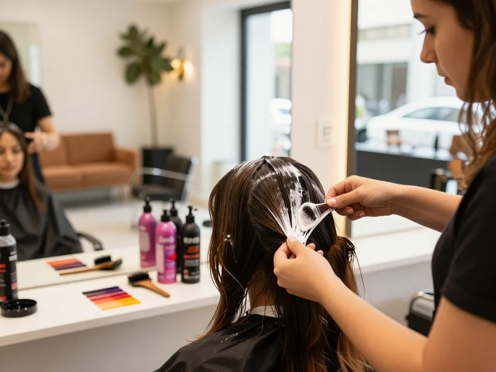 Cabeleireiro realizando serviço de coloração cabelo em um ambiente de salão vibrante.
