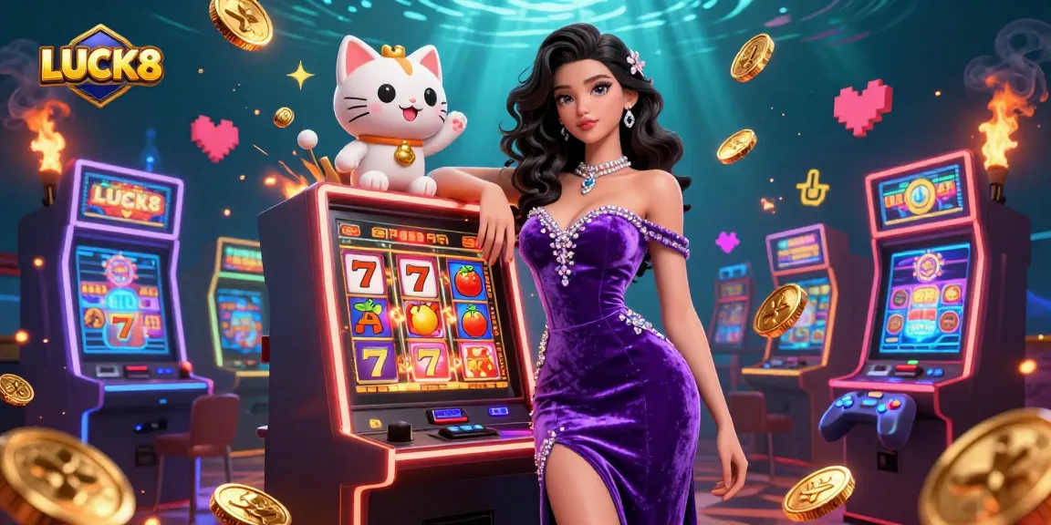 Engage with LUCK8's exciting jackpot scene featuring a glamorous woman and a lucky cat.