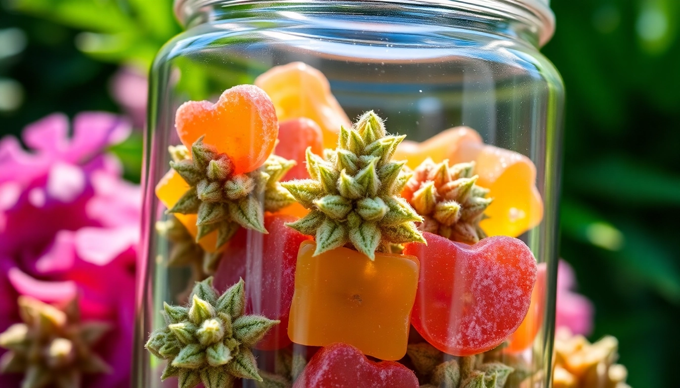 Enjoy cannabis gummibärchen in colorful shapes from a glass jar, perfect for a sweet indulgence.