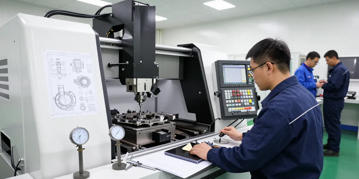 Präzisionstechnik Militär in moderner CNC-Bearbeitungshalle mit Technikern bei der Herstellung präziser Bauteile.