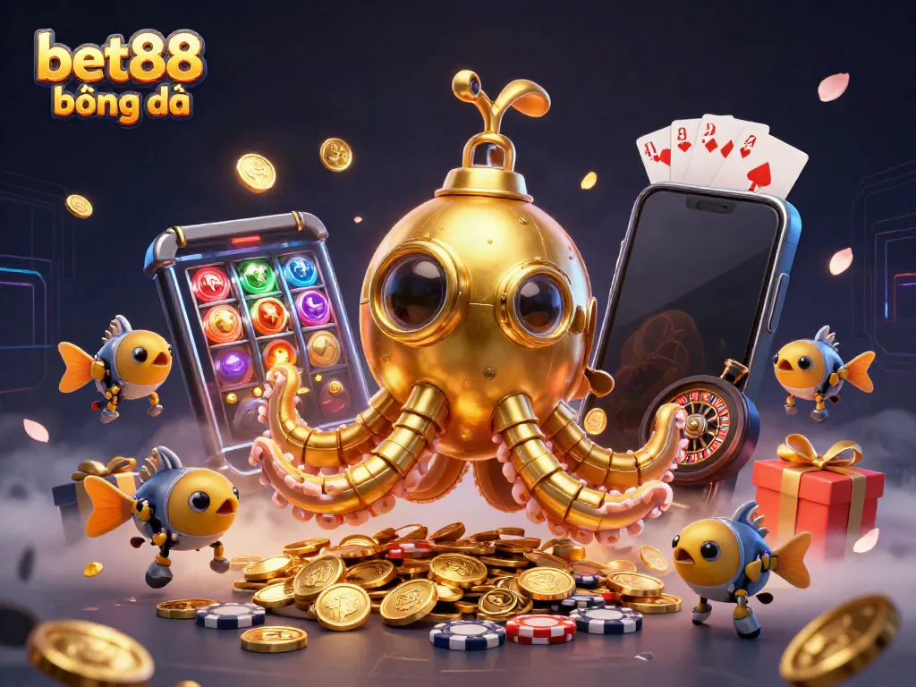 Experience exhilarating bet88 bóng đá action with a golden kraken and mechanical fish amidst a backdrop of winning games and golden coins.