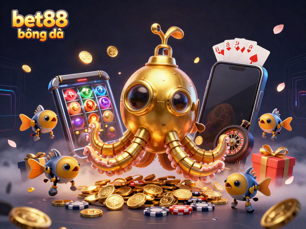 Experience exhilarating bet88 bóng đá action with a golden kraken and mechanical fish amidst a backdrop of winning games and golden coins.