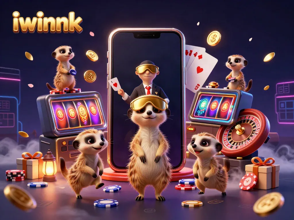 iwinnk meerkats overseeing a vibrant casino scene filled with games, chips, and rewards.