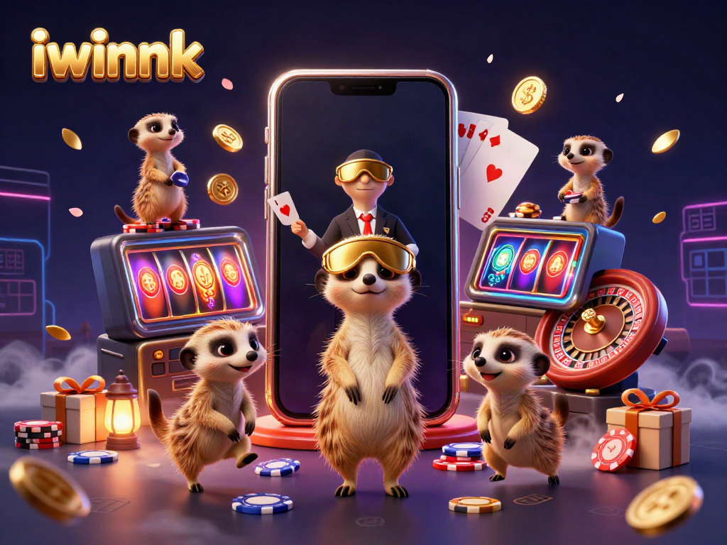iwinnk meerkats overseeing a vibrant casino scene filled with games, chips, and rewards.