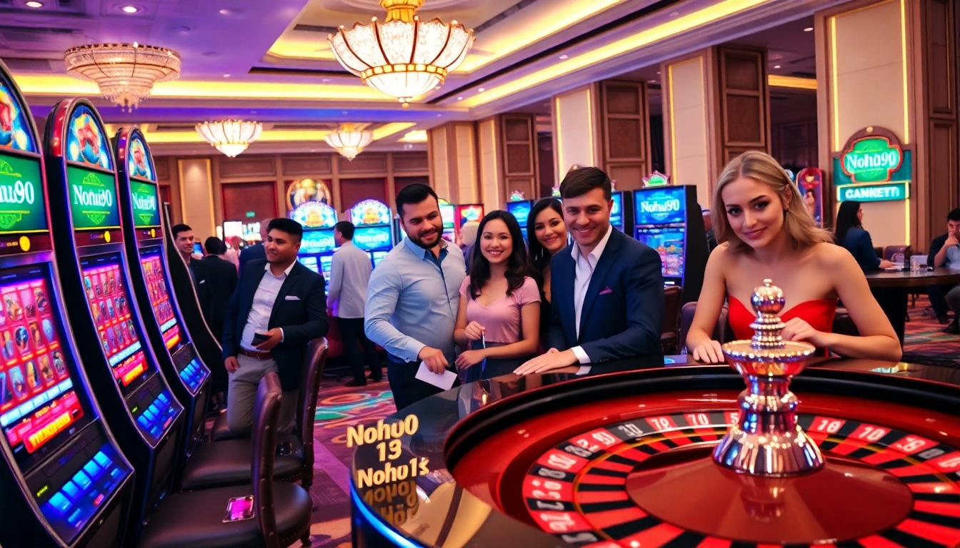 Nohu90 casino gaming scene showcasing slot machines and roulette action.