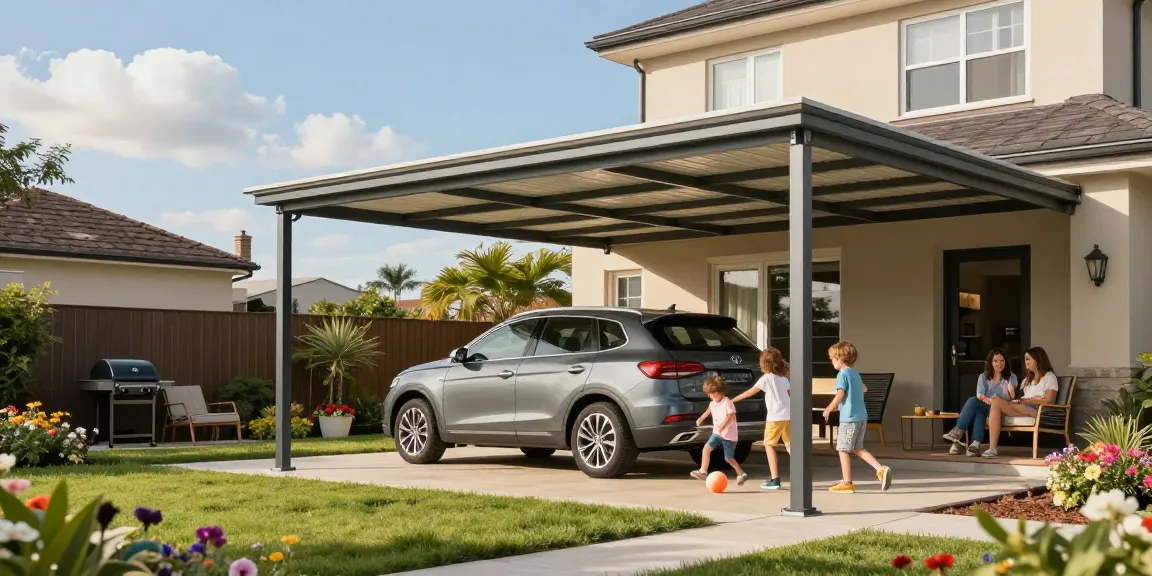 Moderner Carport schützt Fahrzeug in einem einladenden Garten mit Familie.
