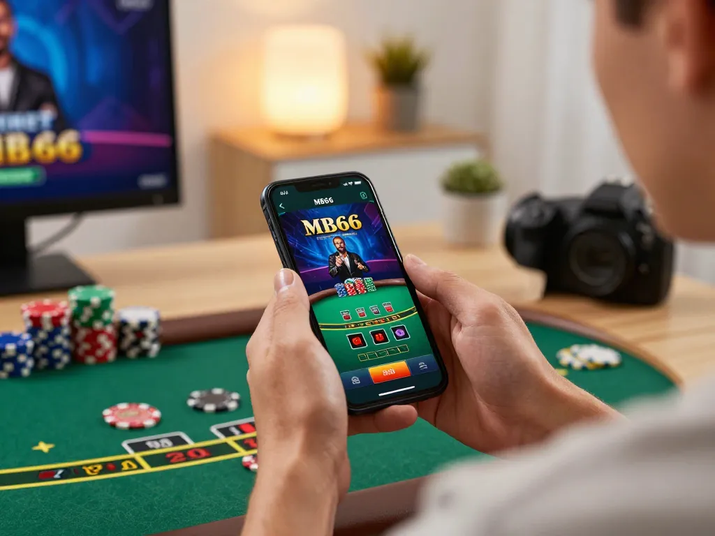 Engaged player using MB66 app for live dealer blackjack in a cozy home office.