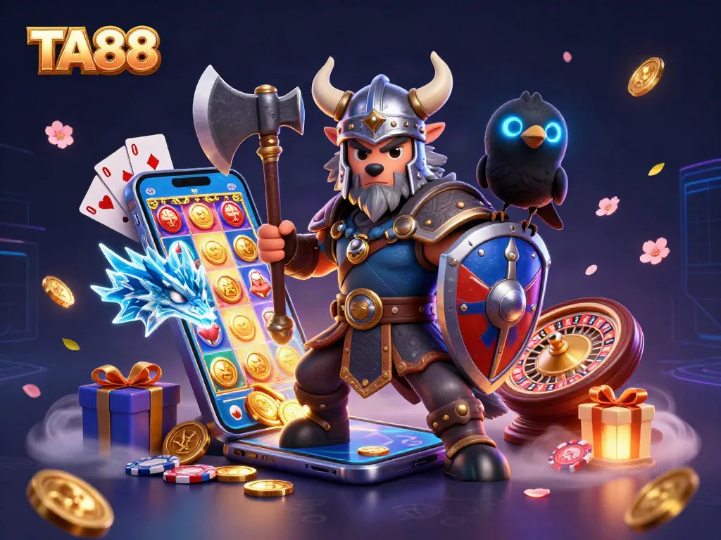 Experience the excitement of TA88 online casino with dynamic illustrations showcasing thrilling gameplay and vibrant characters.