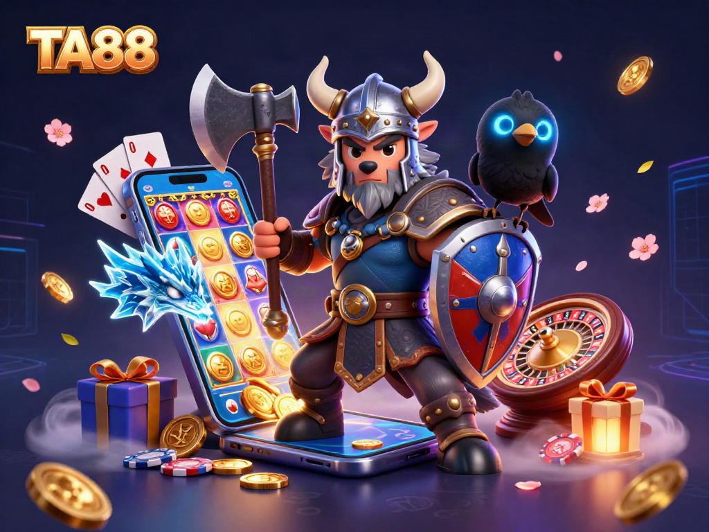 Experience the excitement of TA88 online casino with dynamic illustrations showcasing thrilling gameplay and vibrant characters.