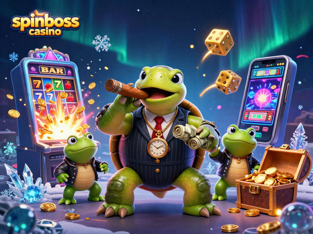 Spiele im spinboss casino: Ein massives Spielautomaten-Feuerwerk mit 3D-Schildkröte und bullfrog Wachen.