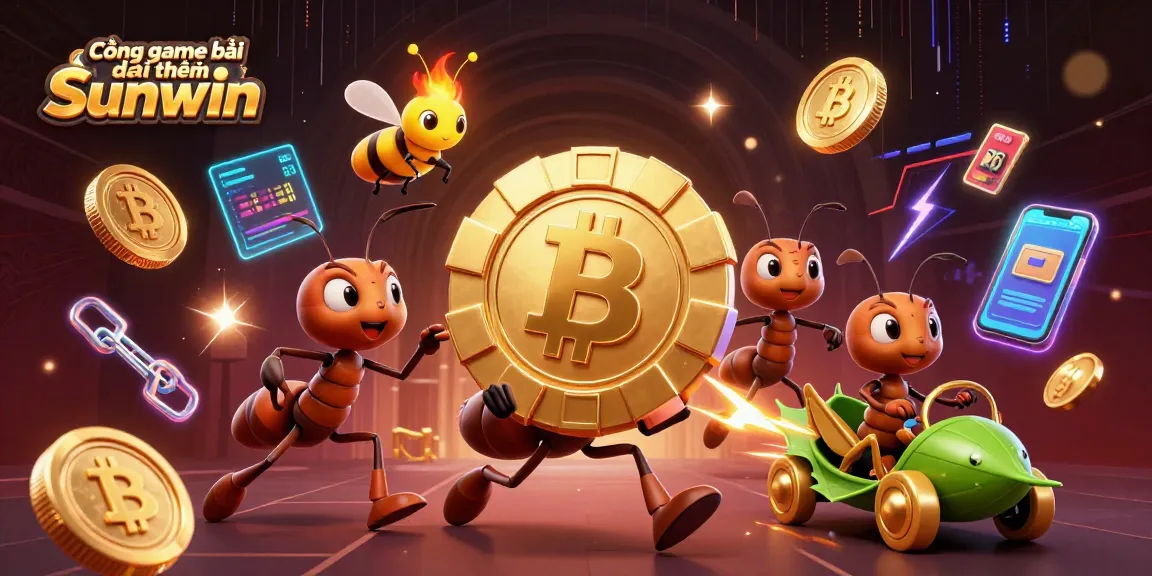 Cổng game bài đổi thưởng Sunwin features a thrilling 3D heist scene with cartoon ants carrying a giant poker chip.