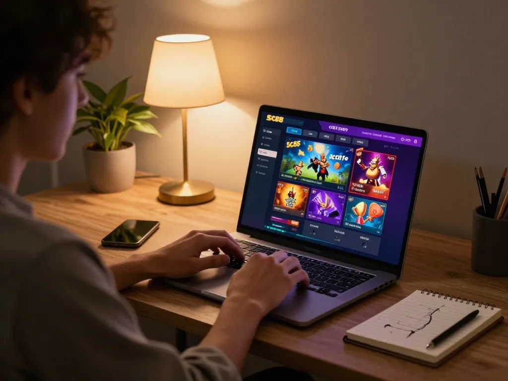 Enjoying sc88 online casino gaming on a laptop with vibrant interface in a cozy home setup.