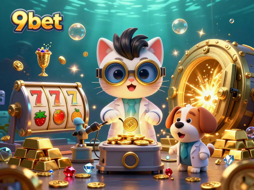 Join the action at 9bet in this vibrant 3D casino scene where a mad scientist cat creates a gold-coin machine.