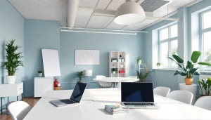 Marketing Pflegedienst Strategien in einem hellen und einladenden Büro mit kreative Materialien sichtbar.