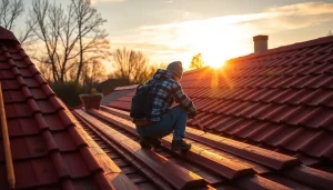 Verbessern Sie Ihr Zuhause mit Kohaut Bedachungen – Handwerker reparieren ein Ziegeldach im Sonnenlicht.