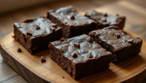 Genießen Sie frische Hash Brownies mit glänzender Oberfläche und schokoladigen Stücken, auf einem rustikalen Holzbrett serviert.