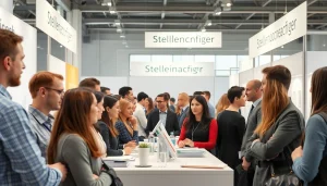 Networking at a job fair for Stellenangebote with diverse professionals interacting and displaying opportunities.