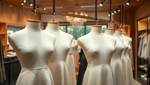 Kleiderbügel mit eigenem branding in einem stilvollen Boutique-Setting, das die Qualität und Eleganz der Produkte hervorhebt.