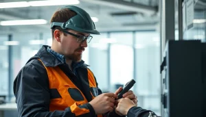 Techniker führt eine DGUV V3 Prüfung an elektrischen Geräten durch, sorgfältige Analyse der Sicherheit.