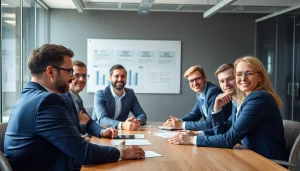 Unternehmensberatung in einem modernen Büro, wo Berater aktiv im Austausch von Ideen sind.