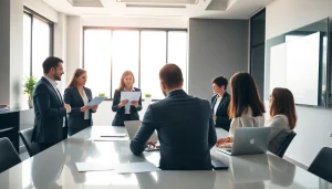 Strategieberatung team conducting strategy session with charts and laptops in a bright conference room.