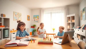 Kindererziehung erforschen: Kinder spielen in einem einladenden Kinderzimmer mit Erziehungsbüchern und Lernspielen.