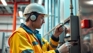 Technician performing a DGUV V3 Prüfung to ensure workplace safety with proper equipment.