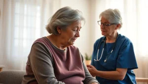 Sympathetic nurse providing care to an elderly woman in Troisdorf for ambulanter pflegedienst troisdorf.