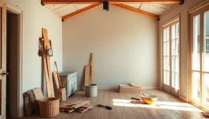 Hausrenovierung im Fokus: Ein stilvoll renovierter Innenraum mit handwerklichen Werkzeugen und warmem Licht.