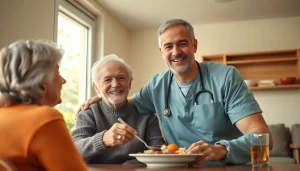 Pflegedienst unterstützt liebevoll ältere Menschen beim Mittagessen und bietet häusliche Pflege.