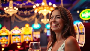 Erhalten Sie beeindruckende Casino Bonus Aktionen mit einer glücklichen Person, die vor Spielautomaten in einem eleganten Casino steht.