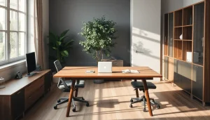 Moderne Büromöbel in einem inspirierenden Bürointerieur mit warmen Farben.