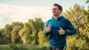 Motivierter Mensch joggt im Park für gesunden Gewichtsverlust.