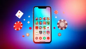 Erkunde die besten Casino apps auf einem attraktiven Smartphone-Bildschirm, unterstrichen durch spannende Spielsymbole.