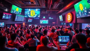 Experience the excitement of sports betting with bitcoin in a lively sports bar, showcasing fans and digital interfaces.