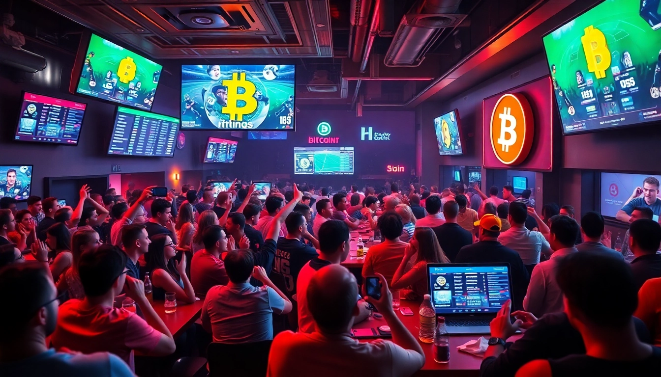 Experience the excitement of sports betting with bitcoin in a lively sports bar, showcasing fans and digital interfaces.
