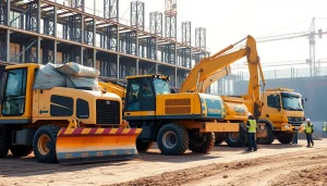Entdecken Sie die Baumaschinenvermietung Celle mit einem dynamischen Bild einer Baustelle, die Minibagger und Radlader im Einsatz zeigt.
