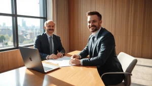 Headhunter Köln berät Klienten am Schreibtisch mit Kölner Skyline im Hintergrund.