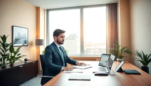 Headhunter Wiesbaden berät Kunden in einem modernen Büro mit Laptop und Notizen.