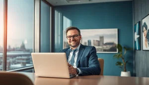 Headhunter Kiel bei der Arbeit in einem modernen Büro, freundlich und kompetent.
