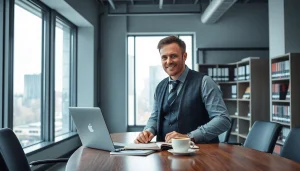 Headhunter bei der Arbeit in einem modernen Büro, umgeben von Karrierebüchern.