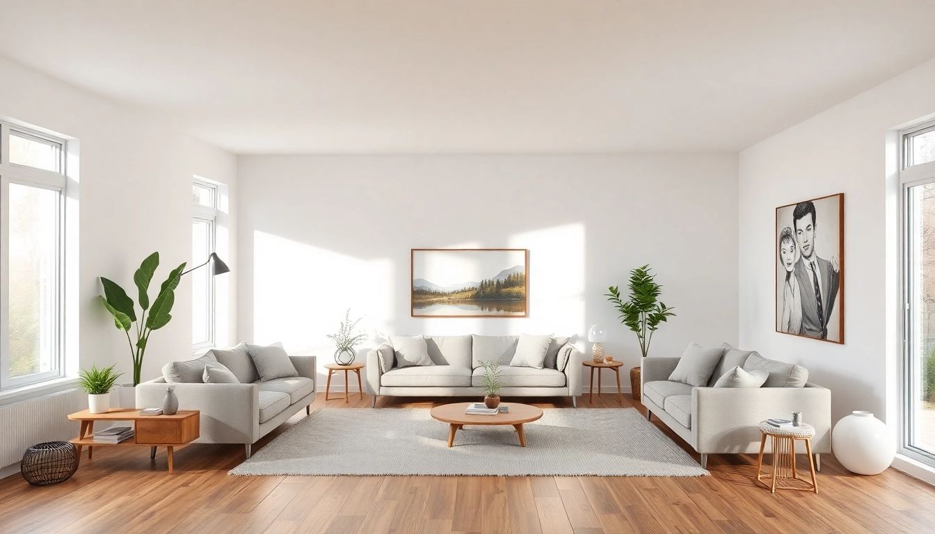 Raumgestaltung mit modernem Wohnzimmer, das Licht und Farben harmonisch kombiniert.